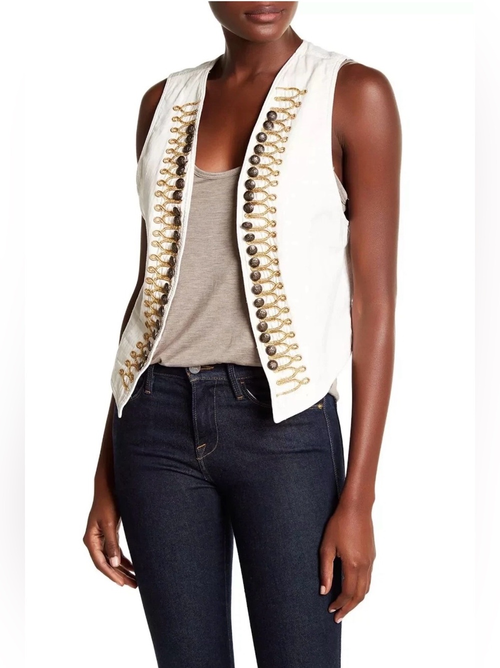 Free People Shrunken Vest NWOT Ivory Cream Military Embroidered Boho Size Small